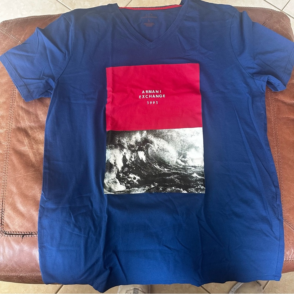 Armani Exchange Vivid Blue Tee with Red and Black Graphic